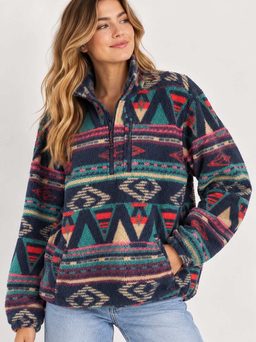 Billabong Navy Multi Aztec Sherpa Half-Zip Pullover Oversized Size S